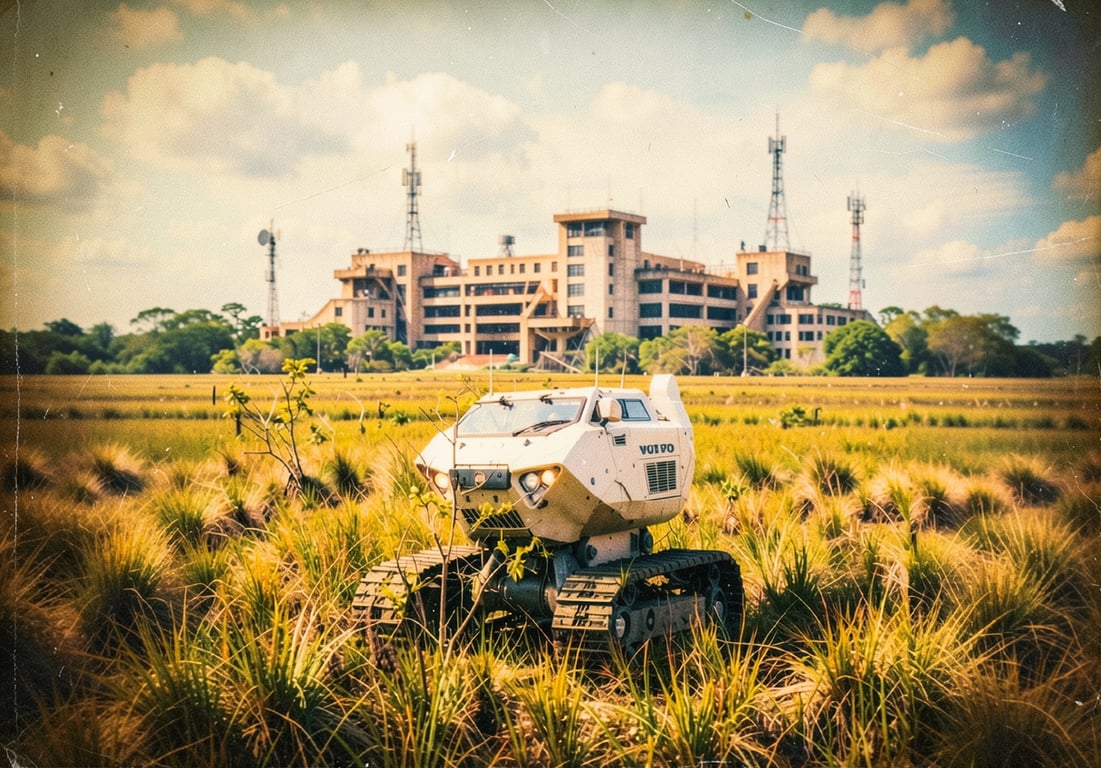 Photorealistic vintage film-style still evoking 1970s field engineering culture