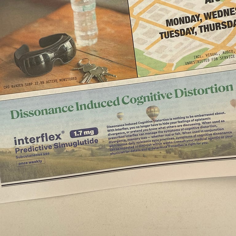 An image of a design fiction artifact titled "dissonance induced cognitive distortion"