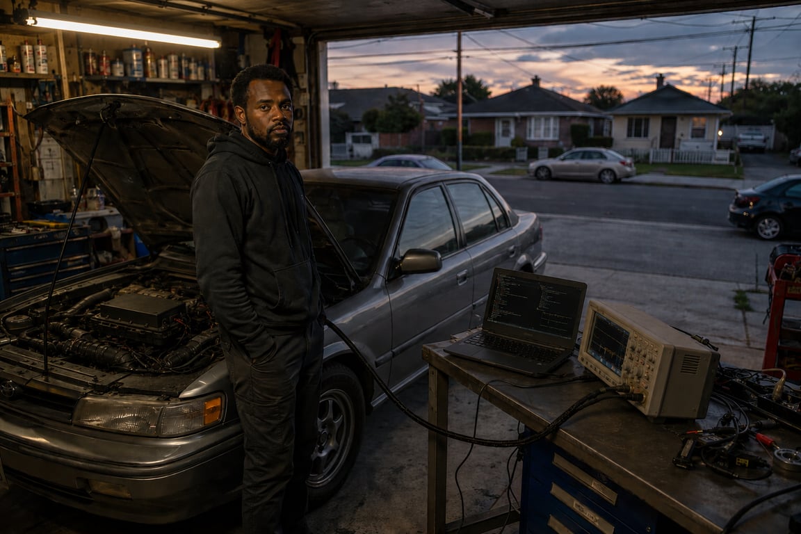 Mechanic in a garage with a car, laptop, and oscilloscope at sunset.