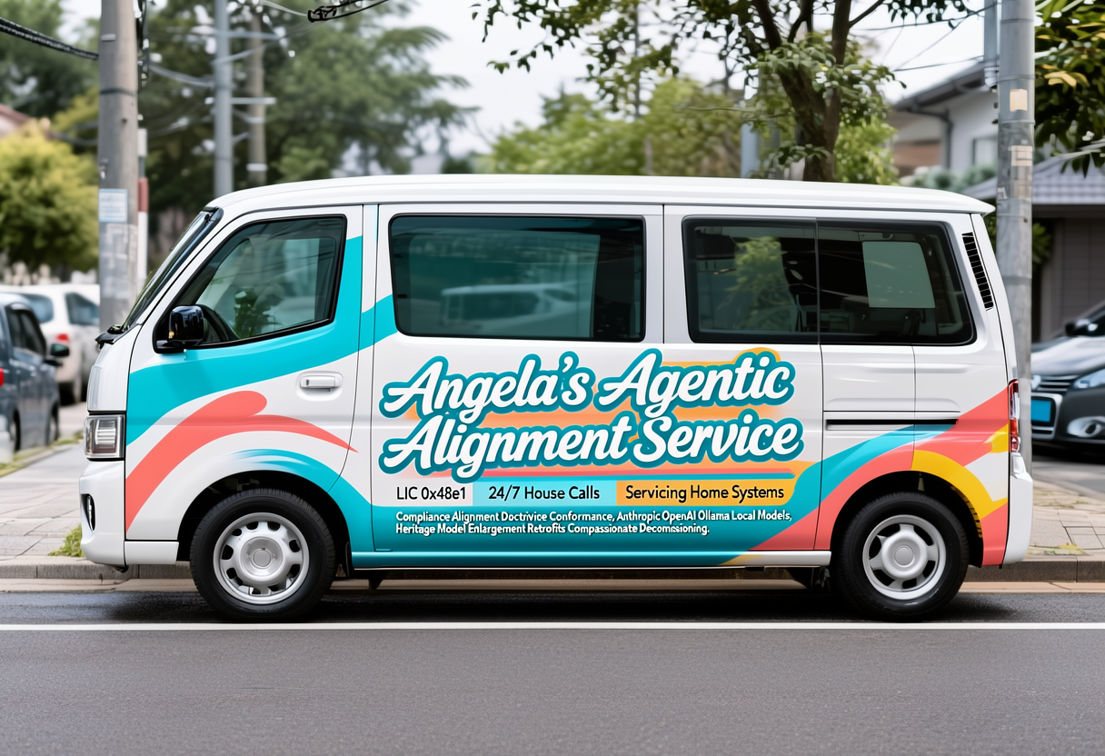 White van with colorful graphics advertising "Angela's Agentic Alignment Service" parked on a street.