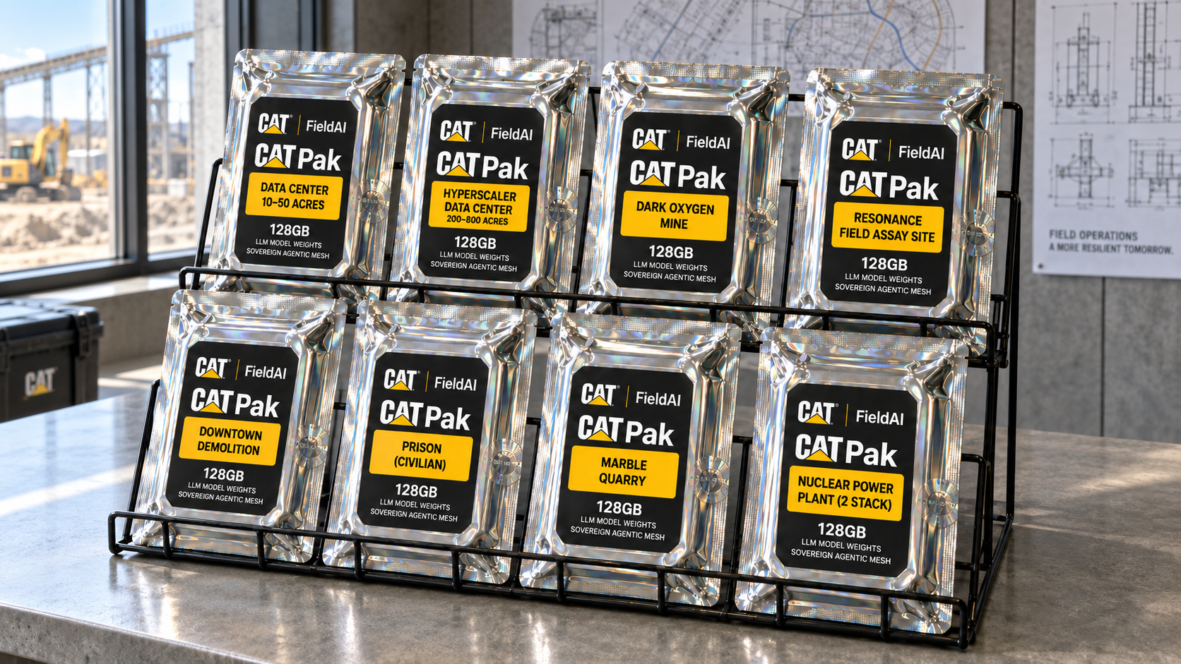 Eight silver holographic CATPak cartridges stand in a two-tier black wire rack on a gray site-trailer countertop. Each product name combines the CAT logotype with Pak, with separate CAT and FieldAI branding above it; yellow labels identify eight industrial applications and 128GB capacity.