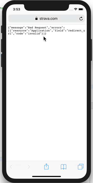 An iPhone browser showing Strava returning a Bad Request for an invalid application redirect URI.