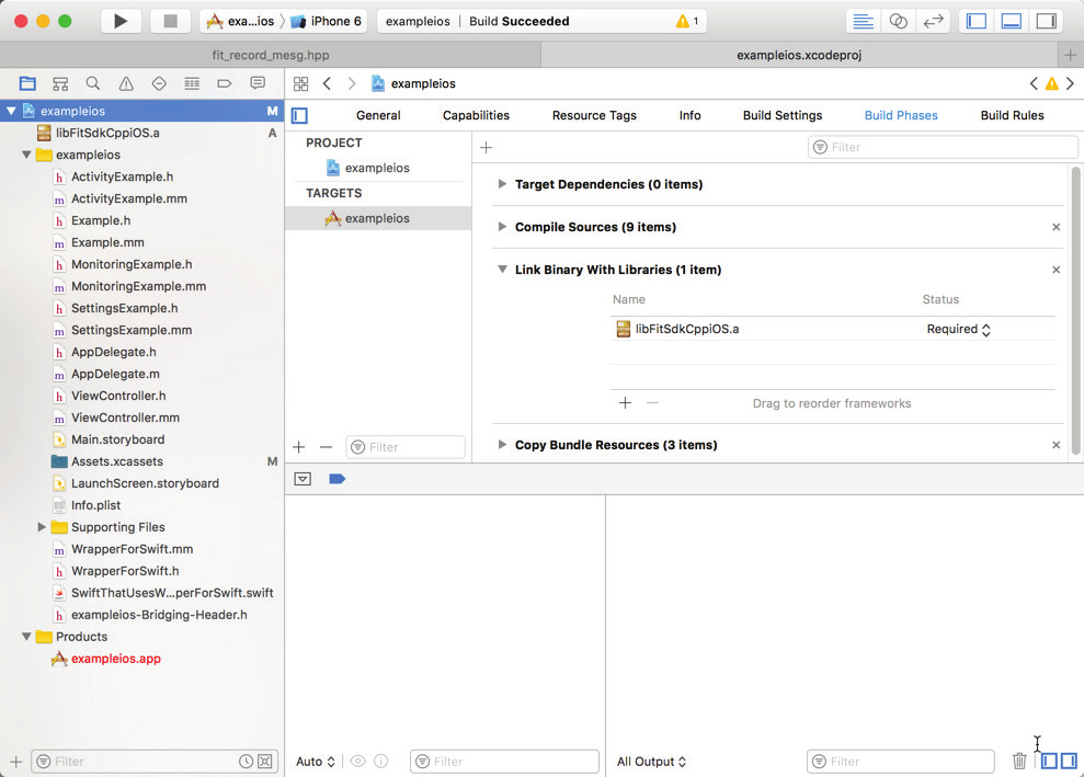Xcode showing the FIT SDK static library linked into an example project alongside Objective-C++ wrapper files.