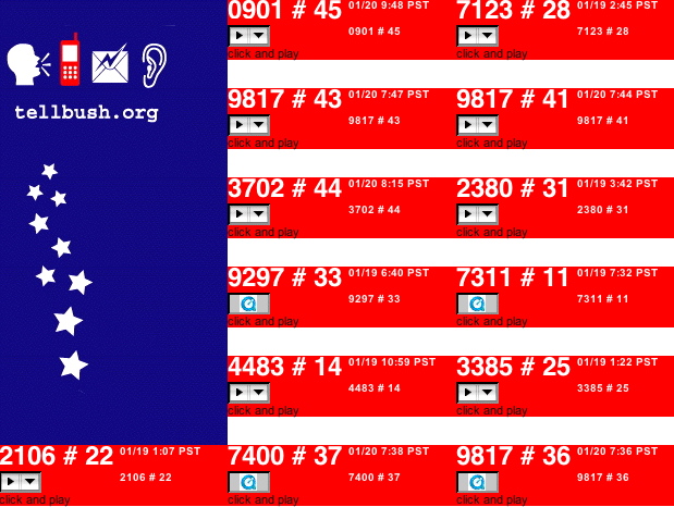 Red and blue interface with audio clips labeled by numbers and timestamps, featuring a logo on the left.