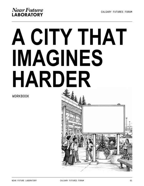 Front cover of A City That Imagines Harder, with an airport billboard illustration and Near Future Laboratory branding.