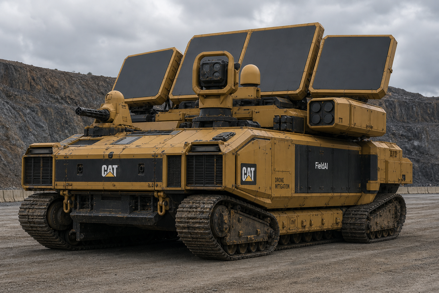 A large yellow CAT tracked vehicle stands on a quarry test pad. Broad dark rectangular panels rise above its cabless body, alongside a protected camera head, rounded sensor dome, closed launcher pods and a compact clustered-barrel turret. Black radiator grilles and FieldAI-marked service cabinets cover the body.