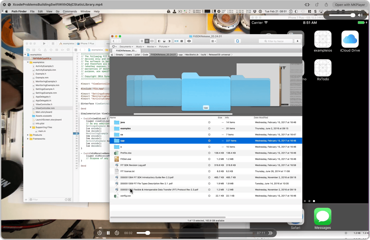 A frame from my screen recording: Path Finder shows FIT SDK source folders and protocol documents in front of Xcode and an iPhone simulator.