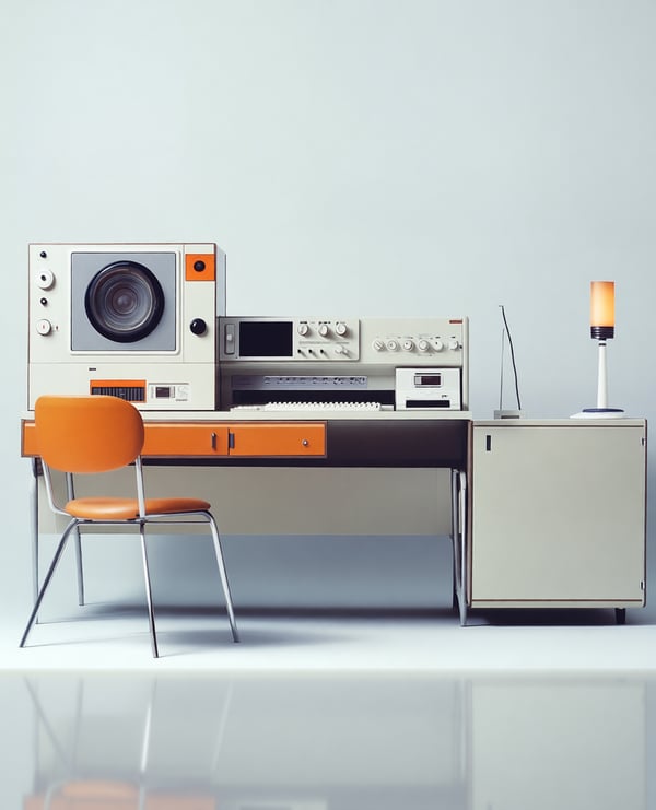 Retro computer setup with orange accents, featuring a large monitor, keyboard, and an orange chair.