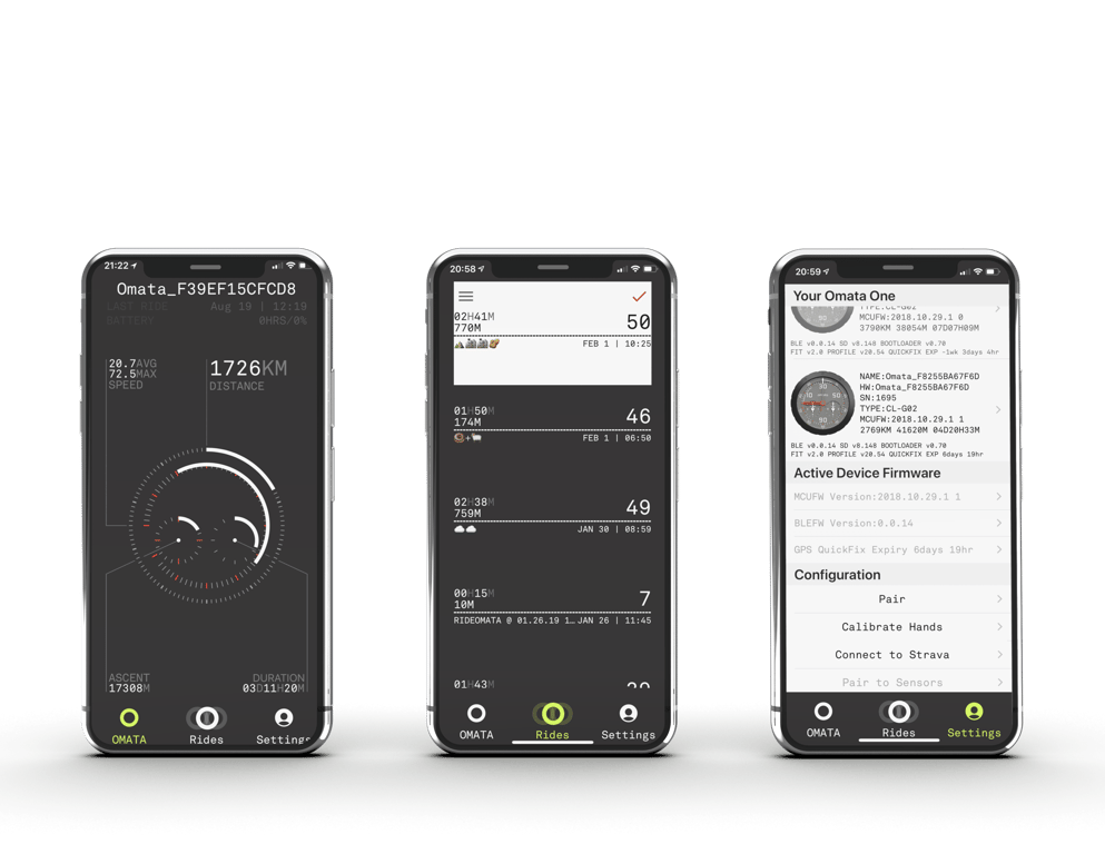 Three iPhones showing the OMATA Utility App dashboard, rides list, and device/settings screen.