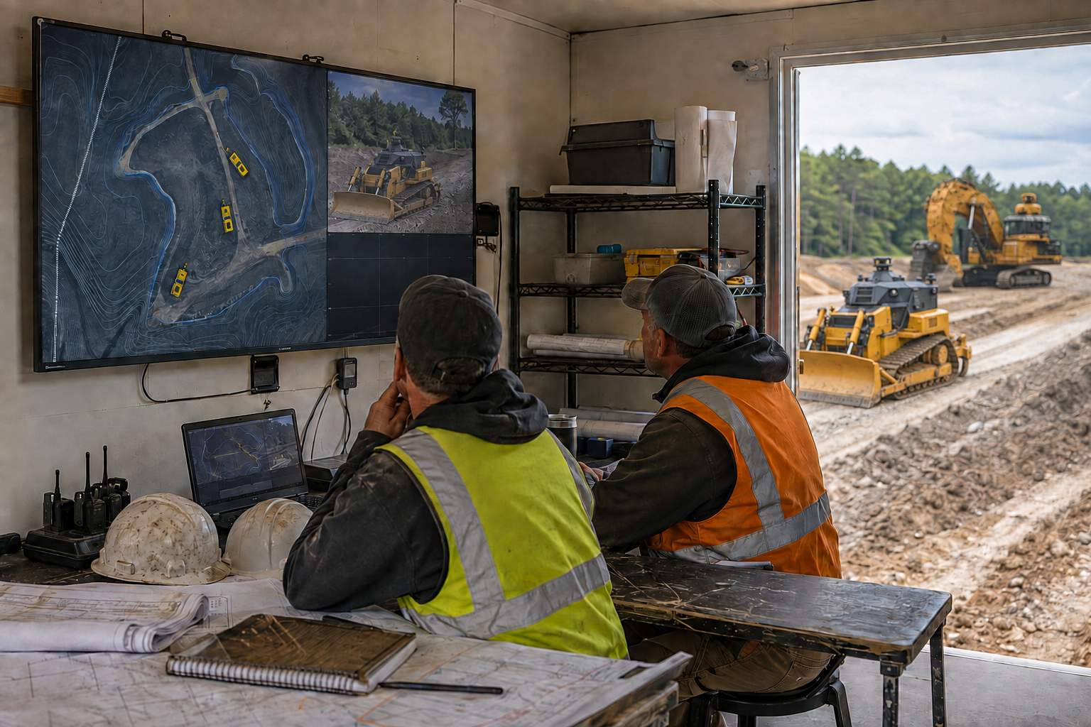 Two seated supervisors in reflective vests study a wall-mounted terrain map inside a site trailer. Through the doorway, a yellow cabless dozer with a black lidar housing and a distant mining shovel with a raised yellow sensor head work on the earthworks site.