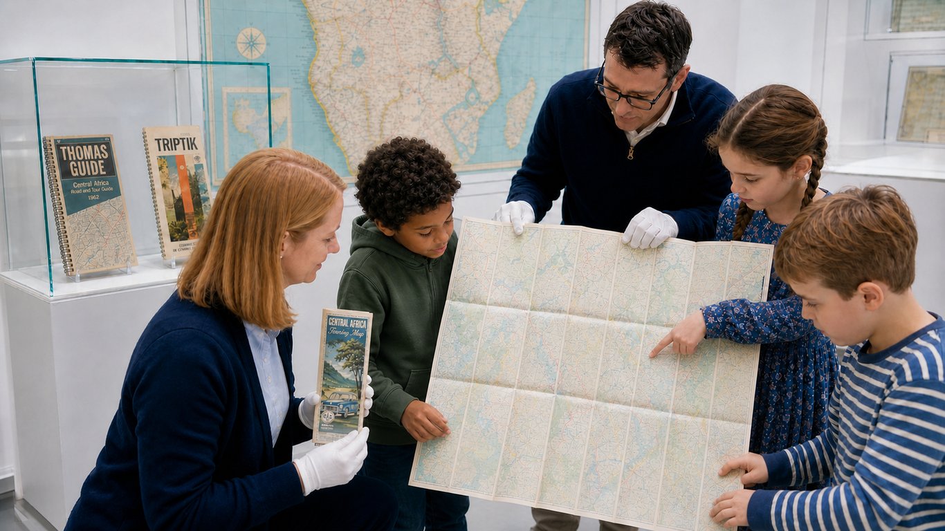 Two white-gloved curators and three children study a broad cross-folded road map; only one child points while the others hold the map, and a curator holds the completed long narrow folded packet beside a Thomas Guide and TripTik case.