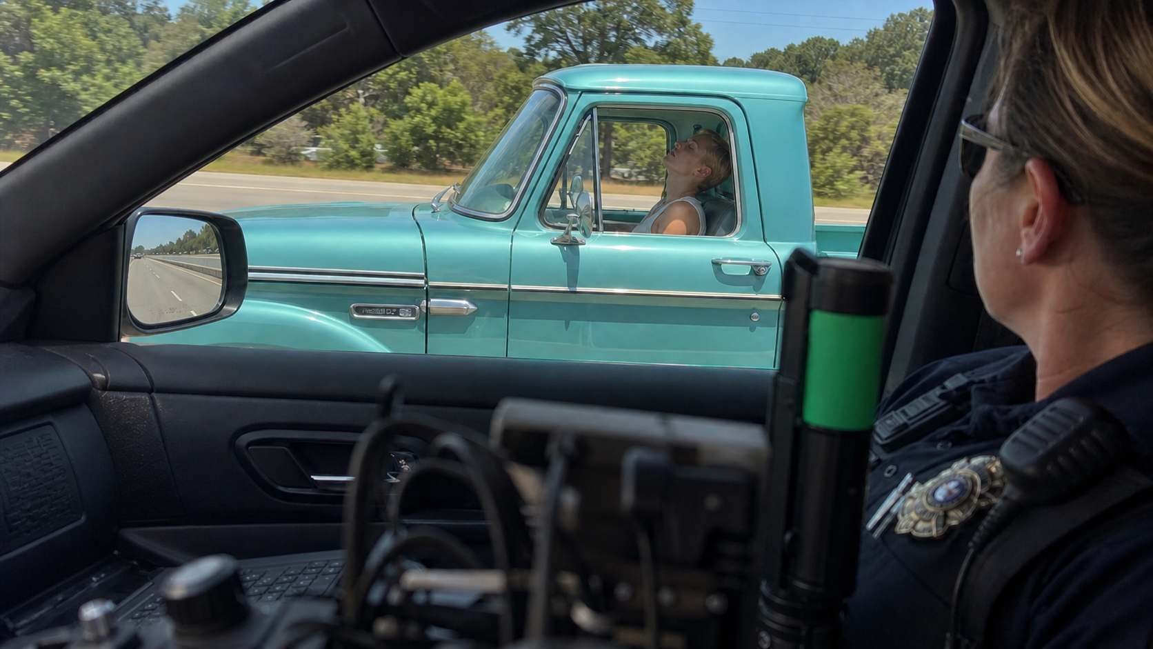 View from inside a police cruiser toward a woman drinking from a bottle in a light-aqua vintage pickup on a sunny highway.