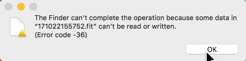 A Finder error dialog reporting that data in a FIT file could not be read or written, with error code -36.