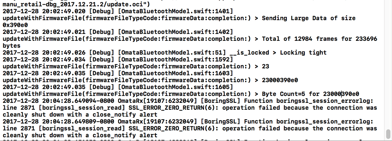 Terminal output showing a large OMATA firmware transfer with 12,984 frames and 233,696 bytes.