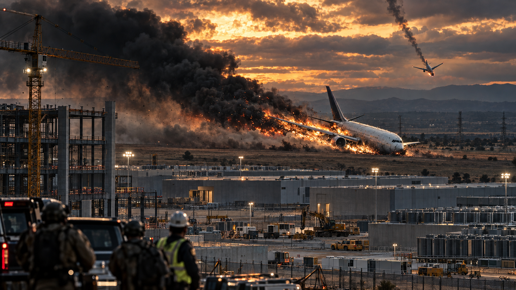 An airliner strikes a field beyond the data-center campus in flames and dust while a second aircraft descends through the smoky sky.