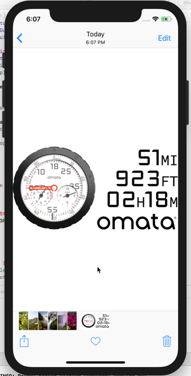 OMATA PX postcard viewed in the iPhone Photos app: a rendered OMATA One dial beside 51 miles, 923 feet of ascent and 2 hours 18 minutes.