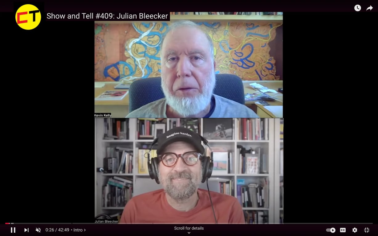 Still frame from Kevin Kelly's CoolTools Show and Tell #409 with Julian Bleecker
