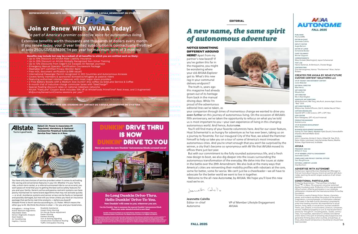 Spread from the Near Future Laboratory's magazine from a possible autonomous vehicle future