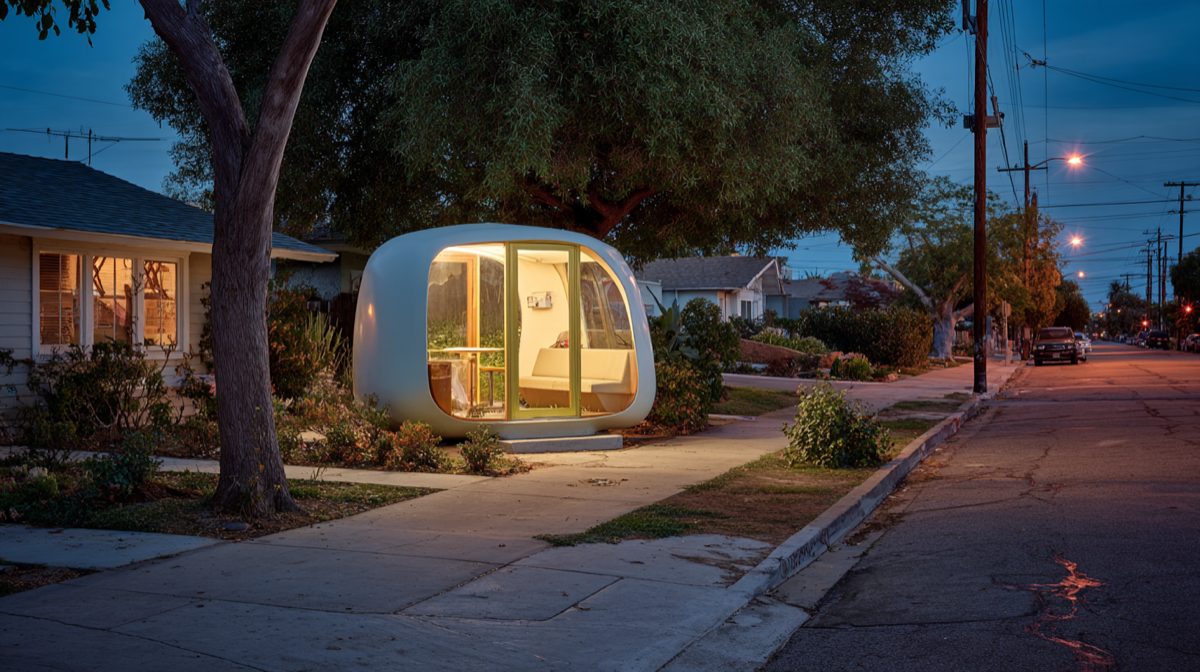 a kiosk capsule K67 designed by the Slovenian Architect Saša J. Mächtig as a neighborhood conversation kiosk designed to foster interaction and engagement in a world that has few ways of engaging with neighbors and strangers. It is sitting in front of a home on a suburban street in South Central Los Angeles