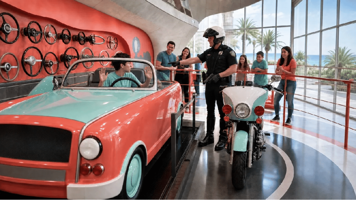 A museum exhibit featuring a collection of vintage steering wheels.