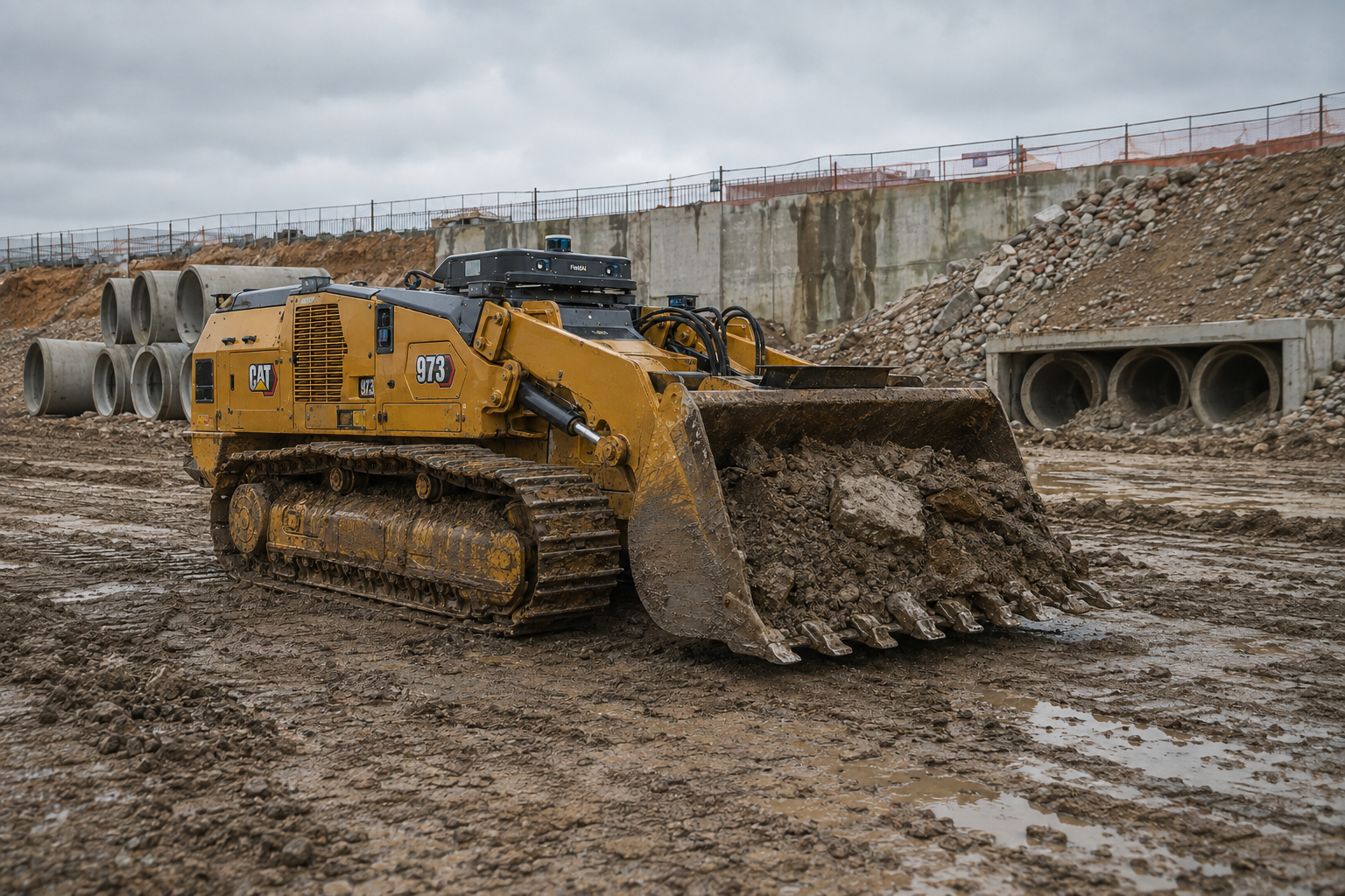A yellow CAT crawler loader carries wet soil and rubble in a toothed bucket at a drainage worksite. Steel tracks, twin lift arms and a compact camera and lidar bridge surround a low body with no cab.