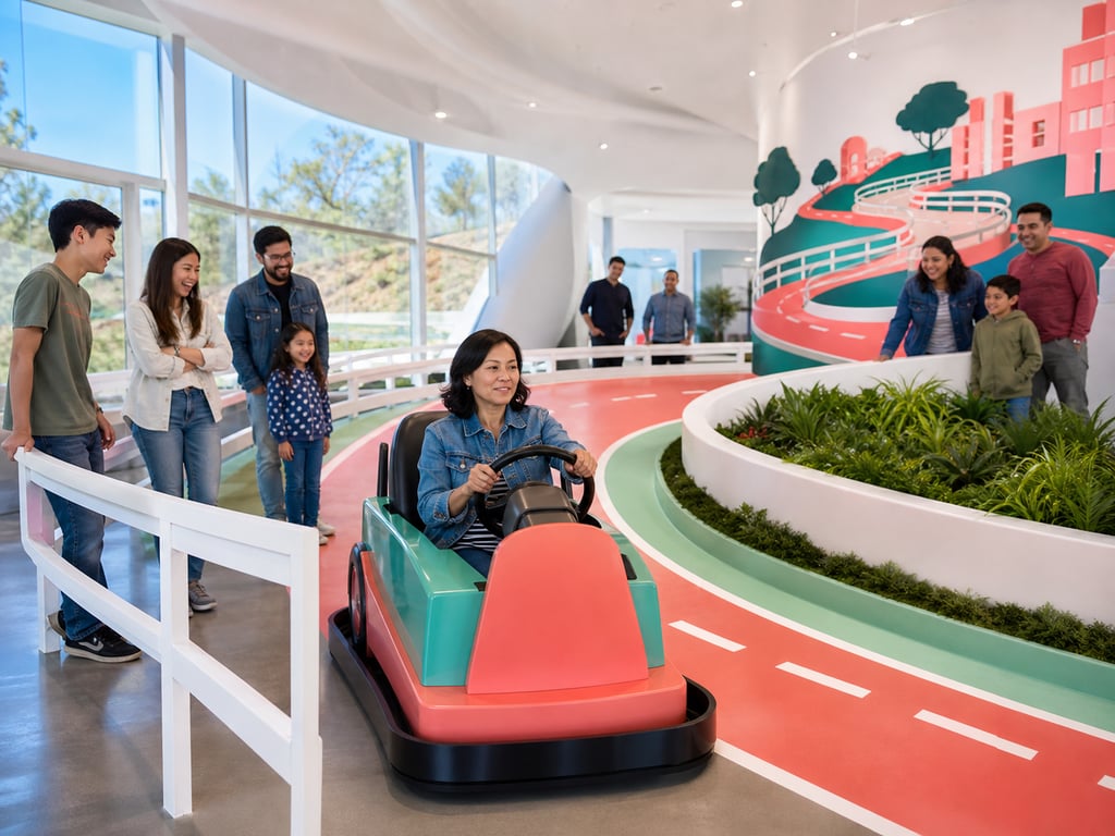 A visitor steers through a winding Lombard Street simulator while families watch and smile along the route.