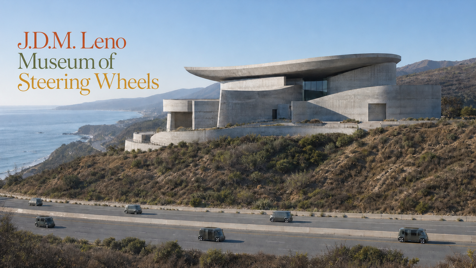 Curving poured-concrete museum in the Malibu hills above the Pacific Coast Highway with ordinary autonomous vehicles below.