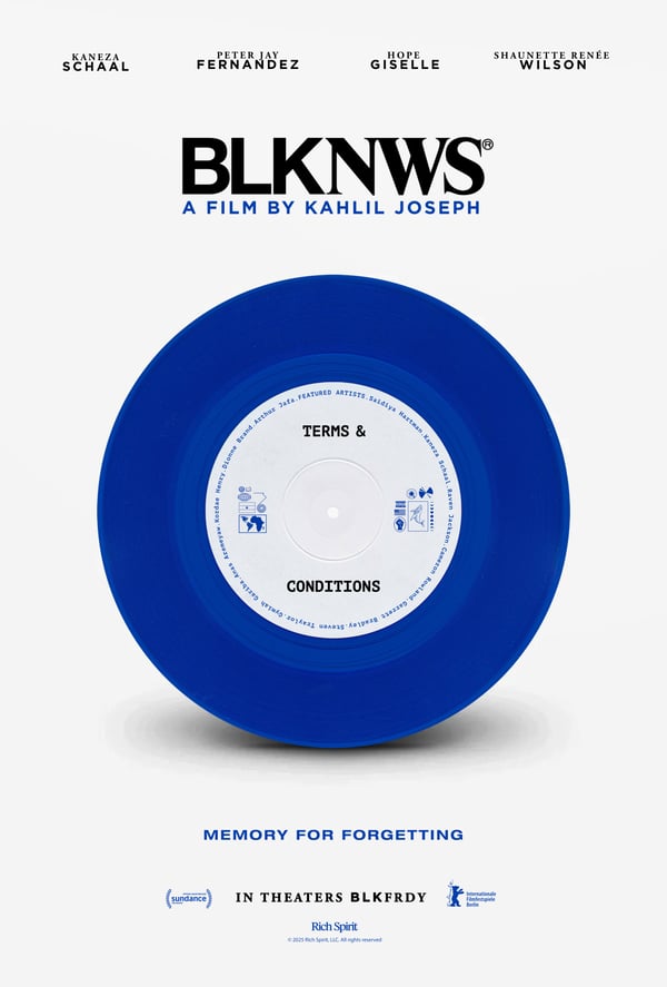 Film poster for BLKNWS featuring a blue vinyl record with text TERMS & CONDITIONS and MEMORY FOR FORGETTING.