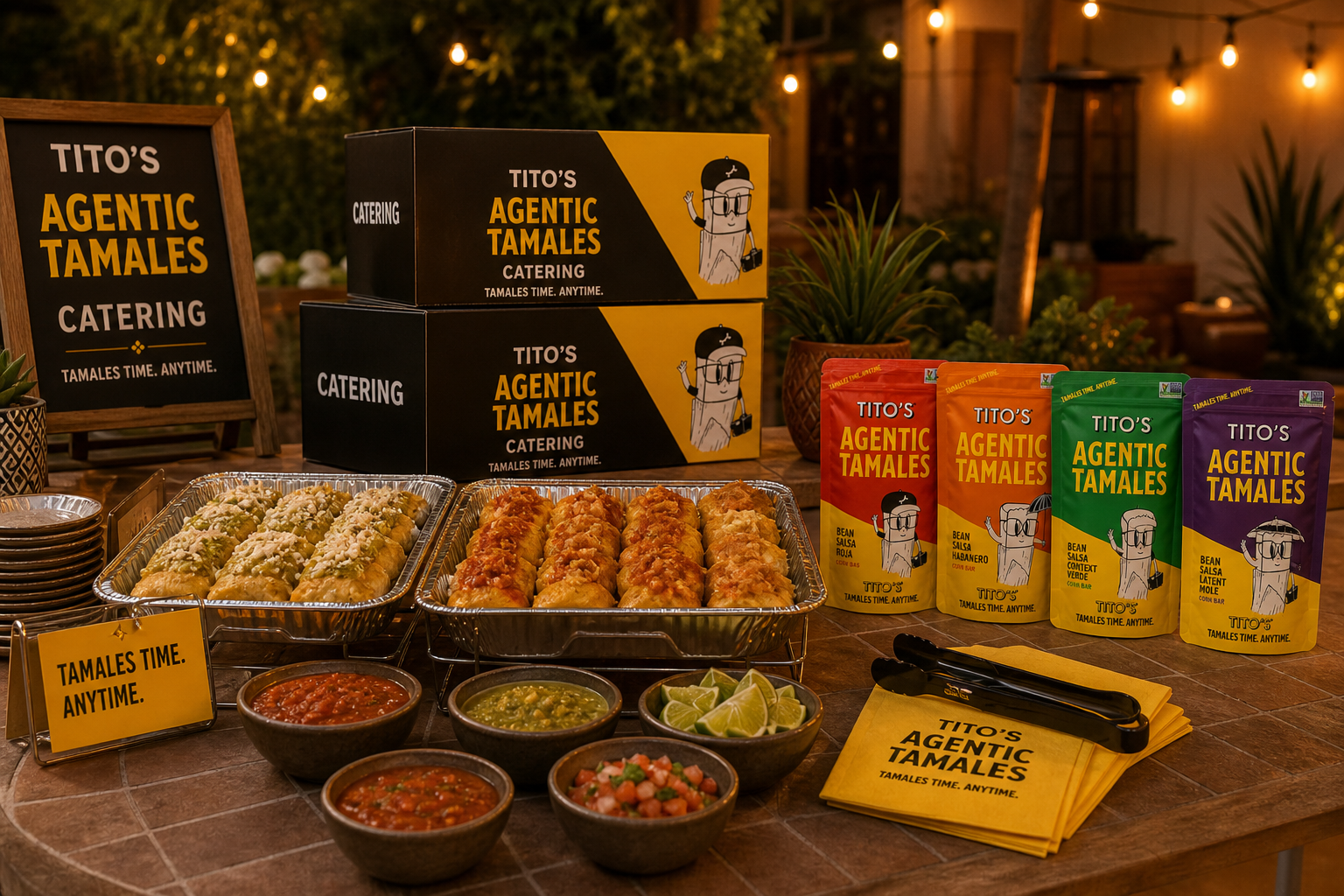 Tito's Agentic Tamales catering boxes and colorful pouches beside trays of tamales, salsa bowls and lime wedges under warm string lights.