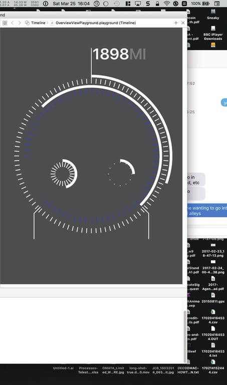 A photograph of OMATA overview view-model code in Xcode with ride totals and active source revisions.