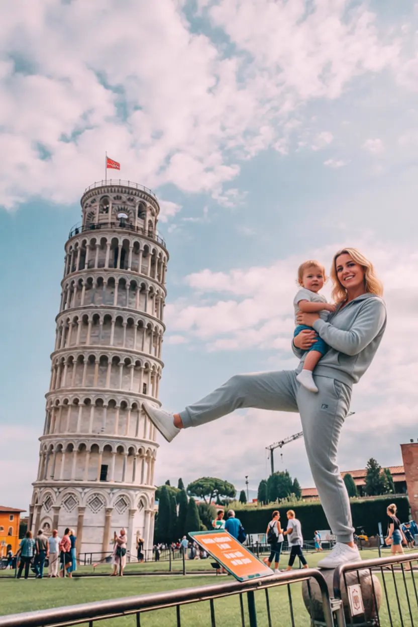 AI Generated image of a woman holding a baby holding the Leaning Tower of Pisa up with her foot