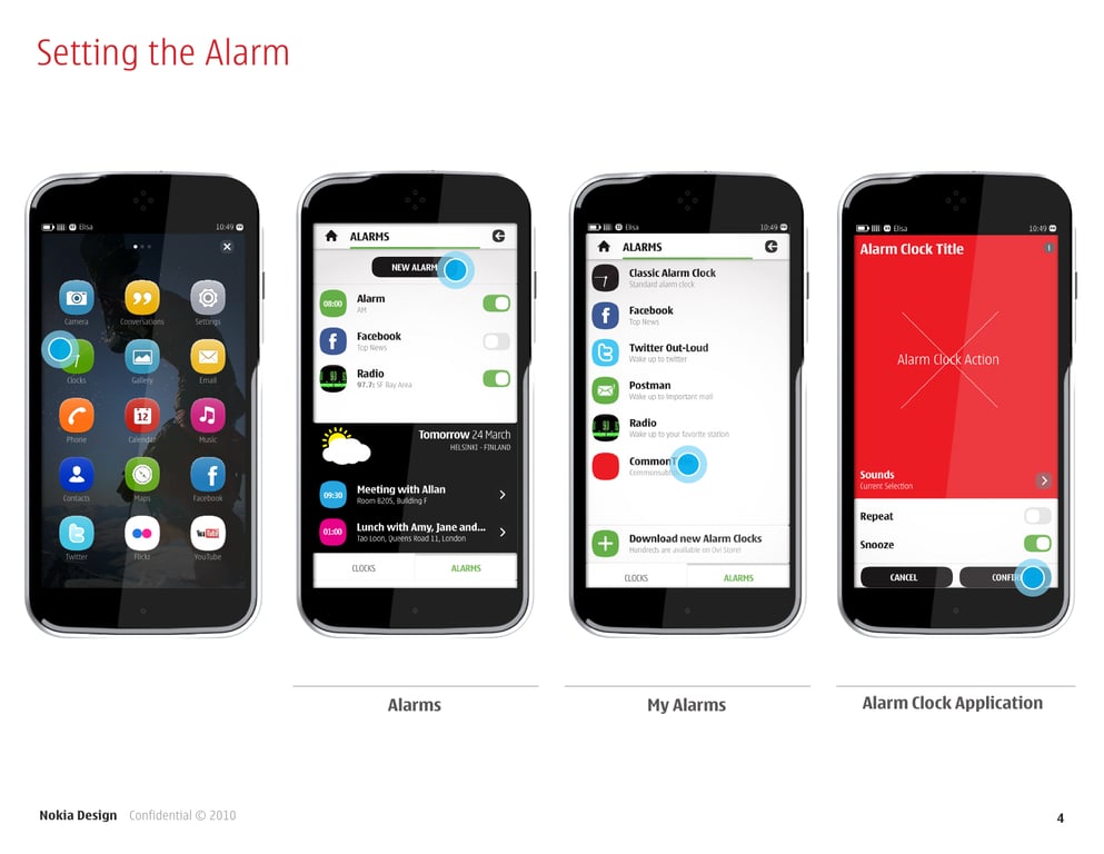 Four proposed phone screens show the Clocks entry point, reusable alarms and Tomorrow information, a choice of alarm types, and an alarm application with shared settings.