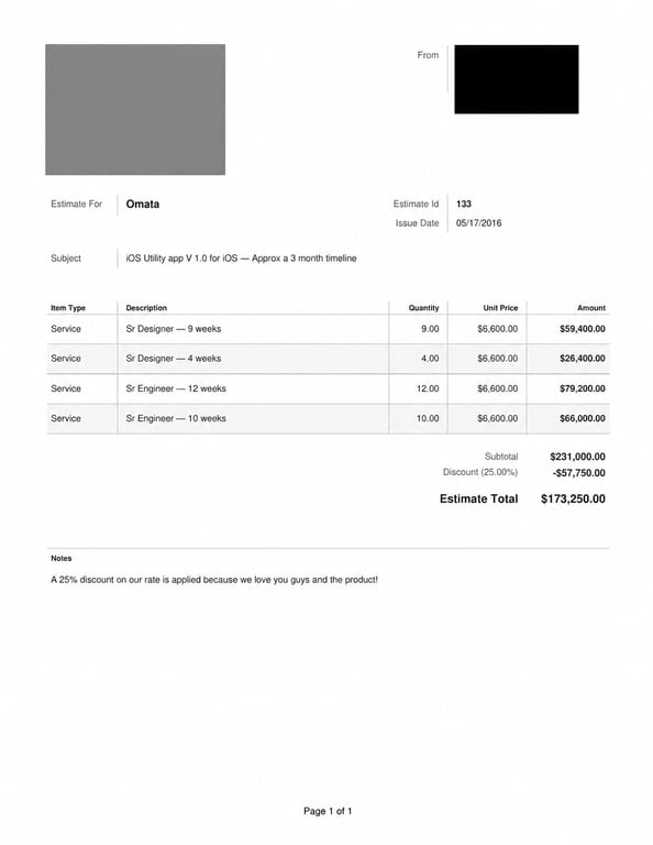 Agency iOS Utility App estimate for OMATA, showing a three-month timeline and a $173,250 estimate total.