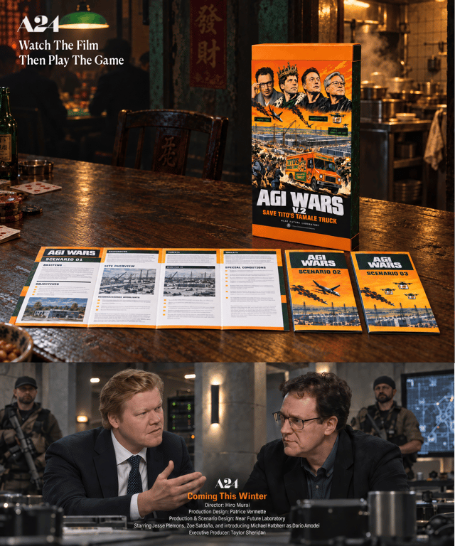 AGI WARS game display in a brutalist bunker above a tense conversation between Jesse Plemons and Michael Halbherr, with A24 branding and film credits.
