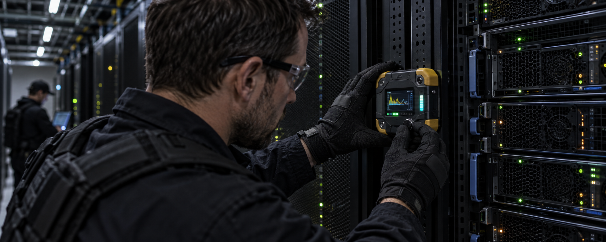 A field agent in dark work clothing and black gloves steadies a palm-sized charcoal T-tic against a powered GPU server rack while turning its locking bezel; the compact instrument’s yellow bumpers, spectrology display, and cyan-green coupling indicator are visible in the dim data-center aisle.