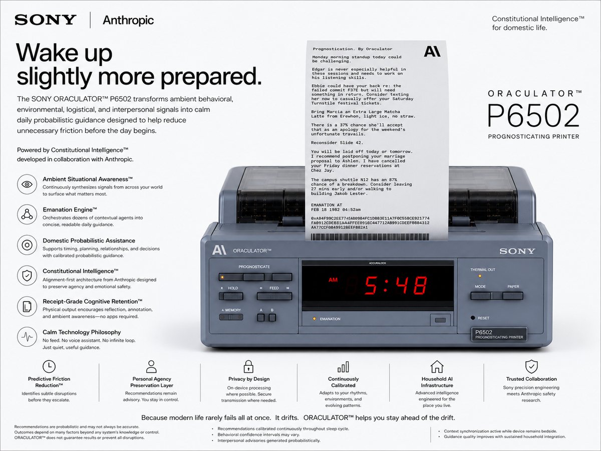 Blue Sony ORACULATOR P6502 prognosticating printer shown in a Sony and Anthropic product brochure
