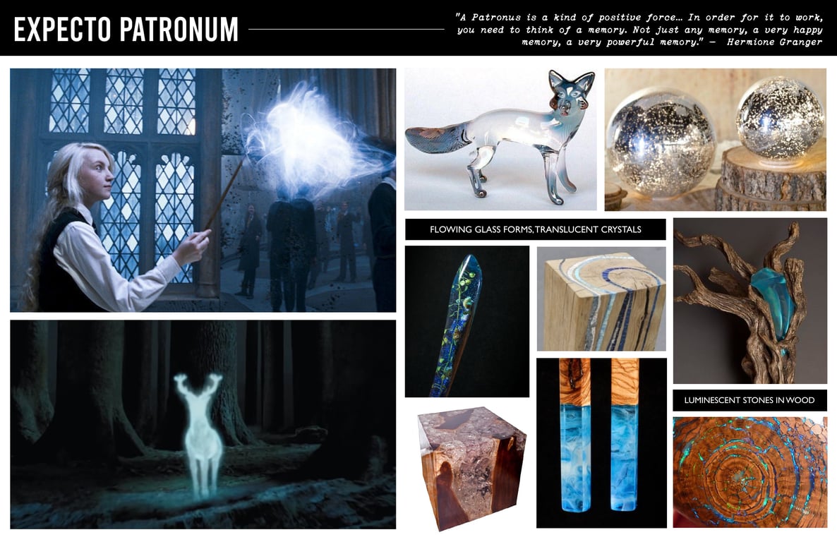 Material and visual reference board for an Expecto Patronum wand experience.