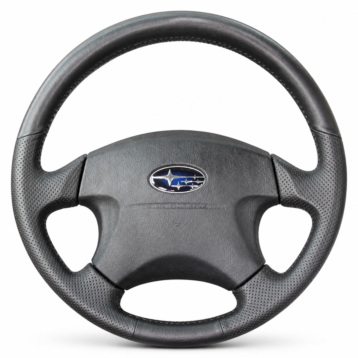 A black Subaru Impreza steering wheel with a logo in the center and textured grip areas.