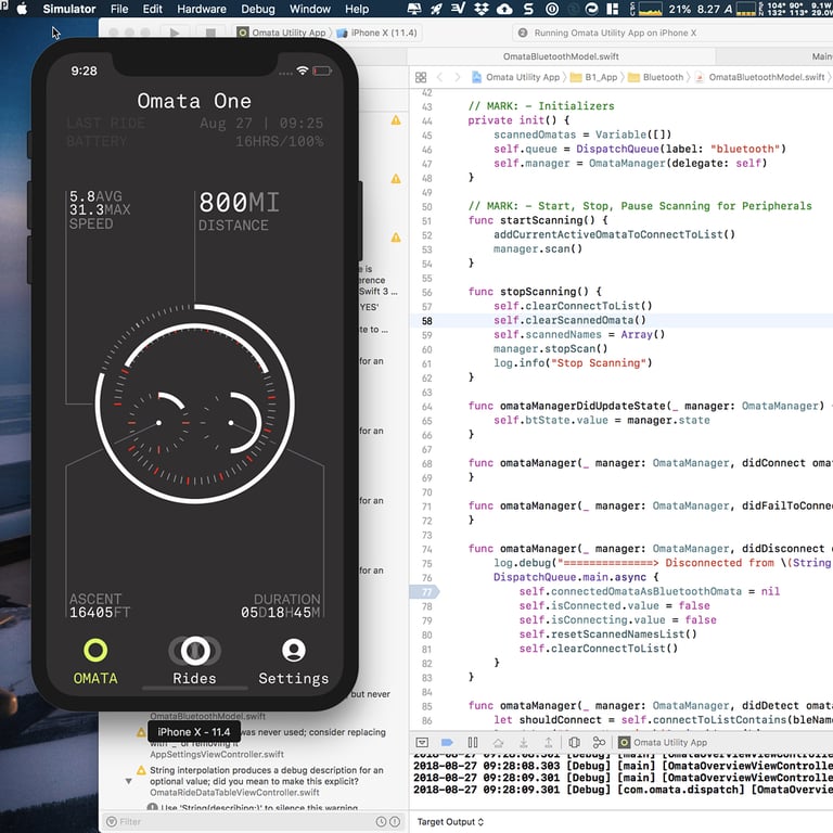 The OMATA iPhone simulator showing the ride dashboard beside Swift source code and live debug output in Xcode.
