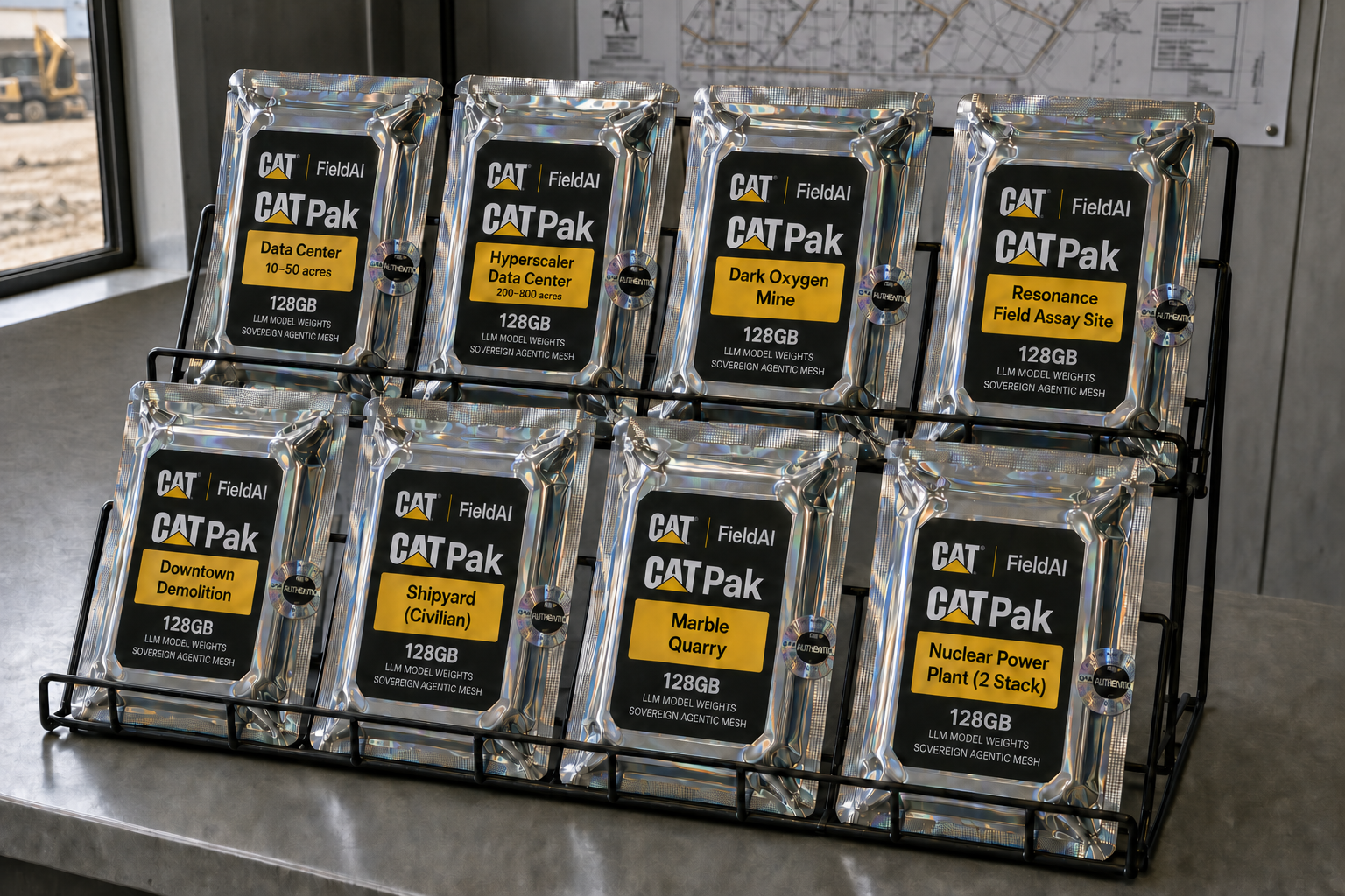 Eight silver holographic CATPak cartridges stand in a two-tier black wire rack on a gray site-trailer countertop. Each product name combines the CAT logotype with Pak, with separate CAT and FieldAI branding above it; yellow labels identify eight industrial applications and 128GB capacity.