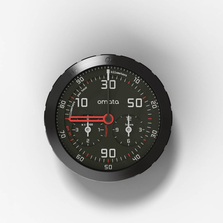 The OMATA One cycling computer a circular computer with an analog display using hands like a watch to show speed and distance