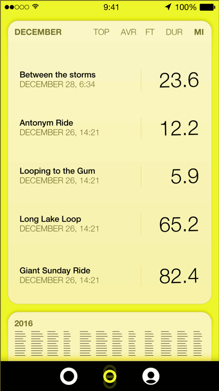 Interface exploration 08 — Yellow ride list with a small bar chart.