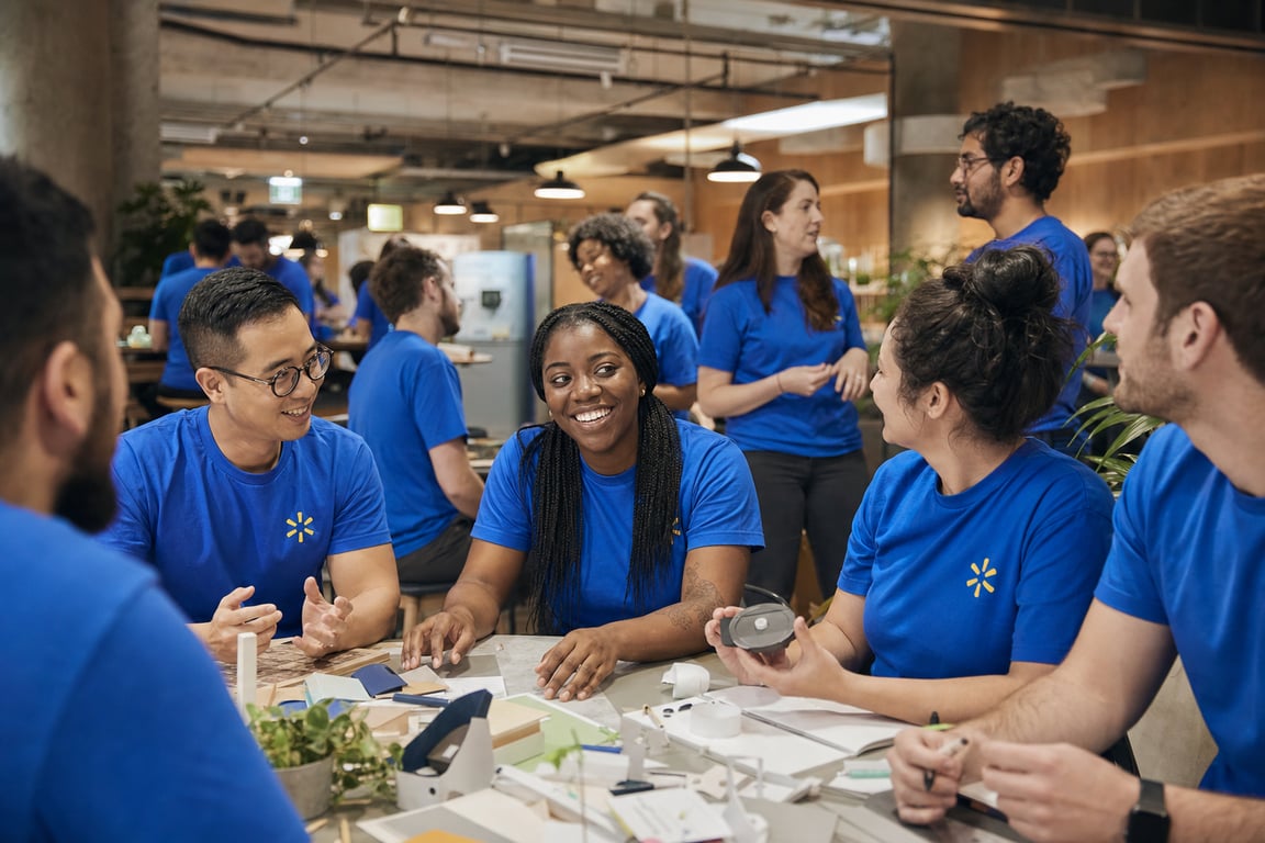 Group of diverse people in blue shirts chatting and working together at a table in a modern, open office space.
