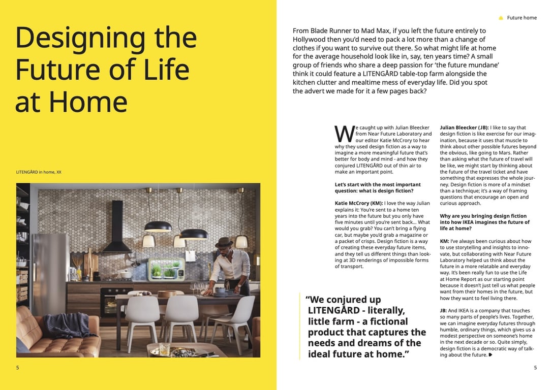 A spread from Ikea Life at Home Report Magazine featuring a conversation between Julian Bleecker and Katie McCrory about Design Fiction