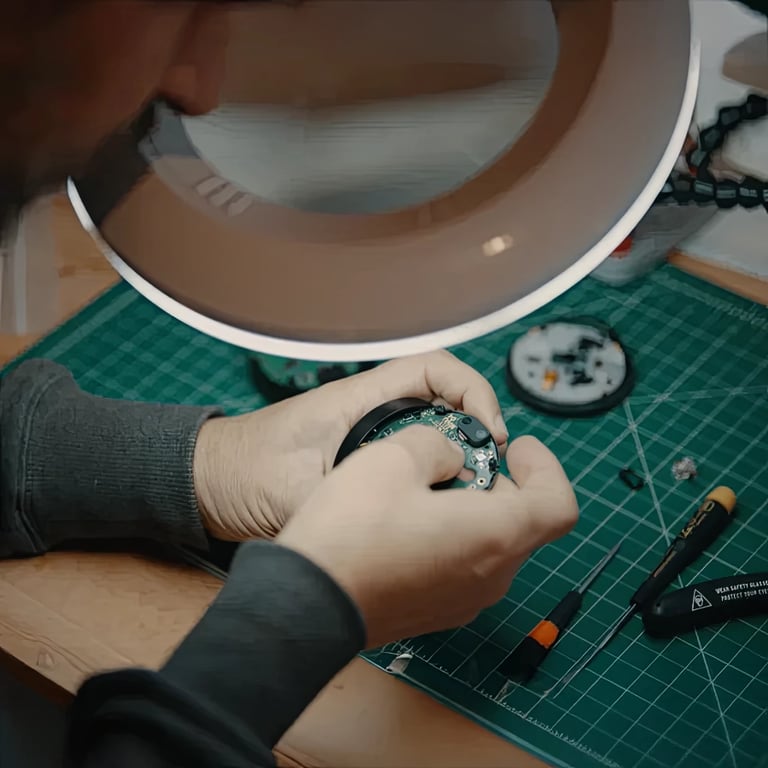 An image of Julian Bleecker at the workbench assembling an OMATA One cycling computer he designed and built in 2014