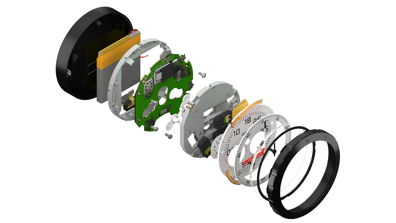 Photorealistic isometric exploded render of the OMATA One showing the black rear shell, battery, green circuit board, movement, white dial layers, glass, seals, and black bezel.