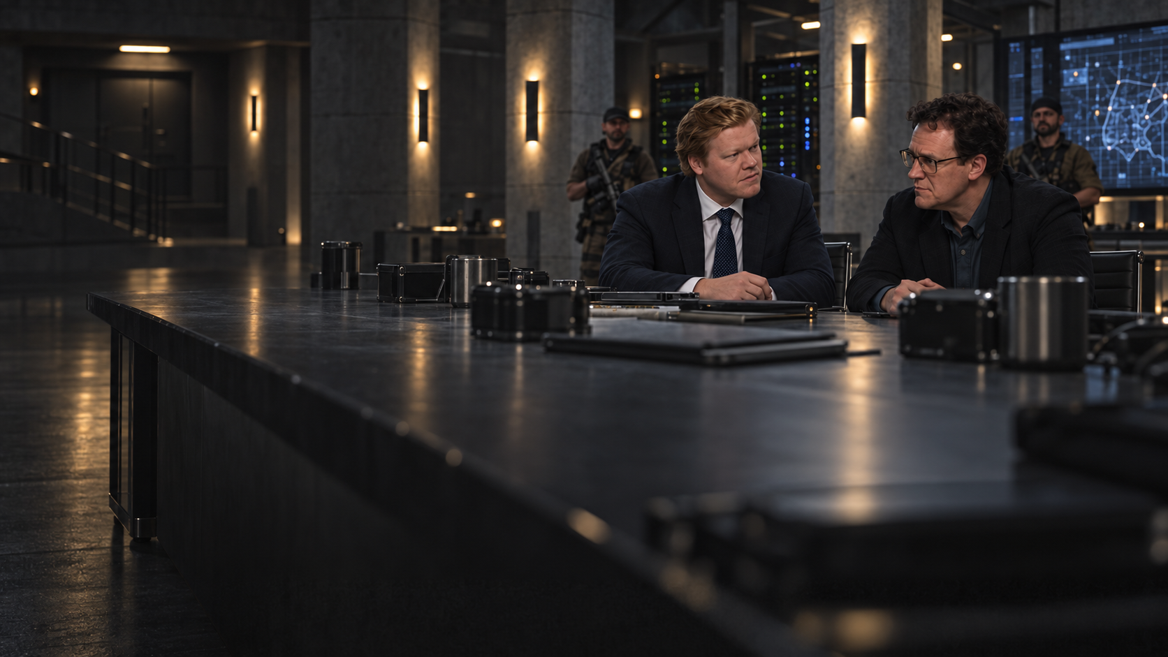 Jesse Plemons as Sam Altman and Michael Halbherr as Dario Amodei sit across a long table in a guarded bunker.
