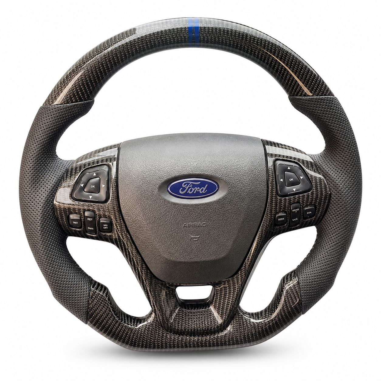 A Ford Taurus steering wheel with a dark rim and integrated controls.