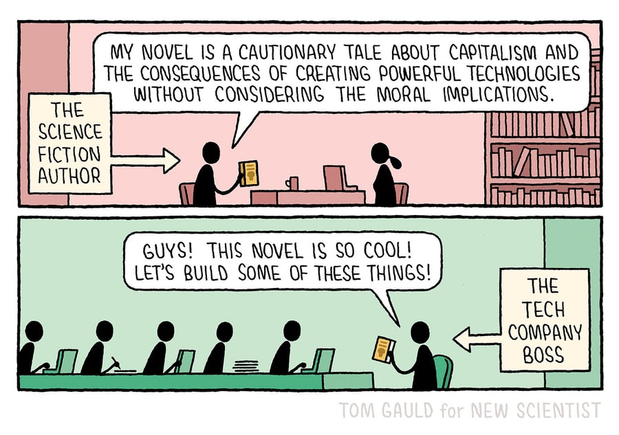 A comic showing a science fiction author discussing moral implications of technology, while a tech company boss expresses excitement.