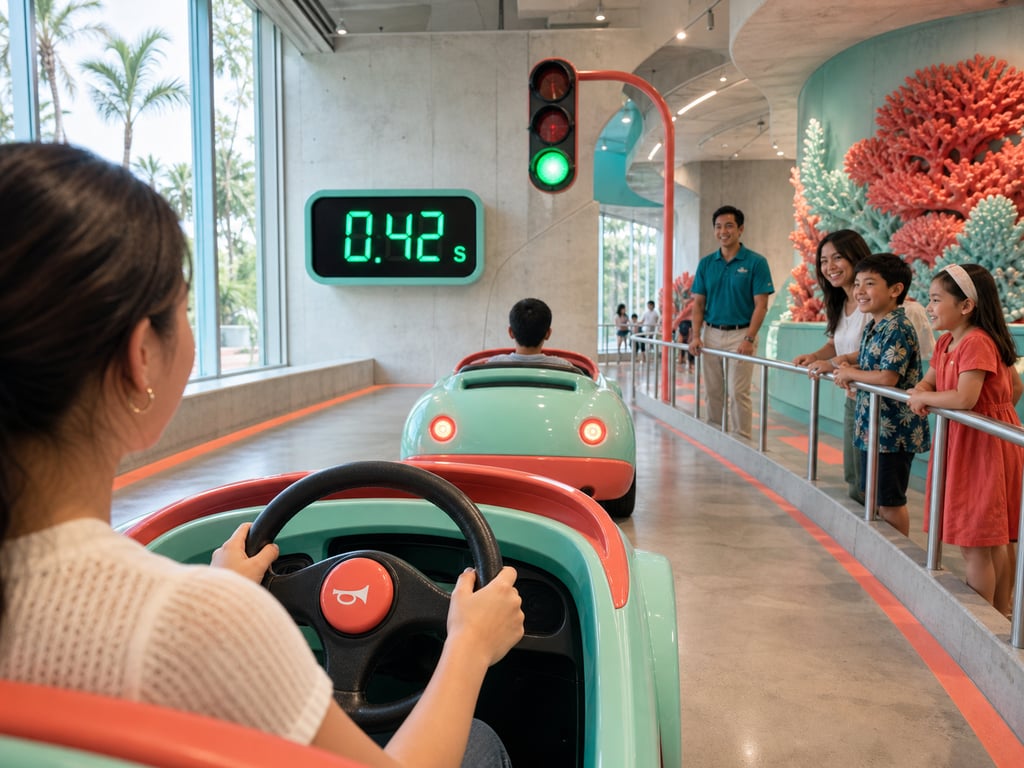 A visitor times a horn reaction behind another car as a museum traffic signal turns green while onlookers watch.